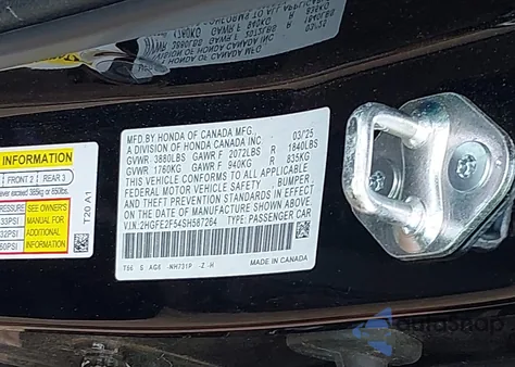 2025 Honda Civic Sport z USA, uszkodzony, nr VIN 2HGFE2F54SH587264